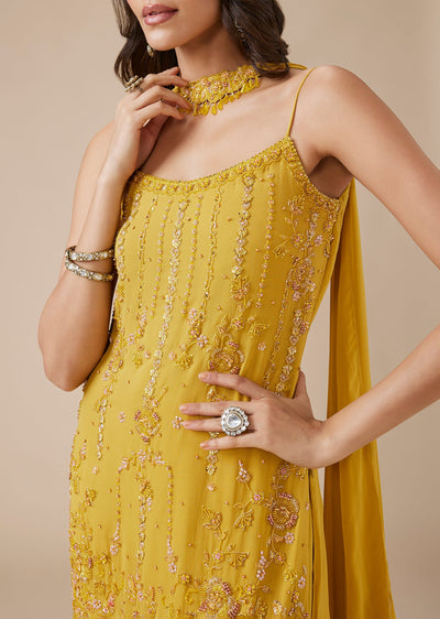 Yellow Embroidered Georgettte Shaarara Suit Set