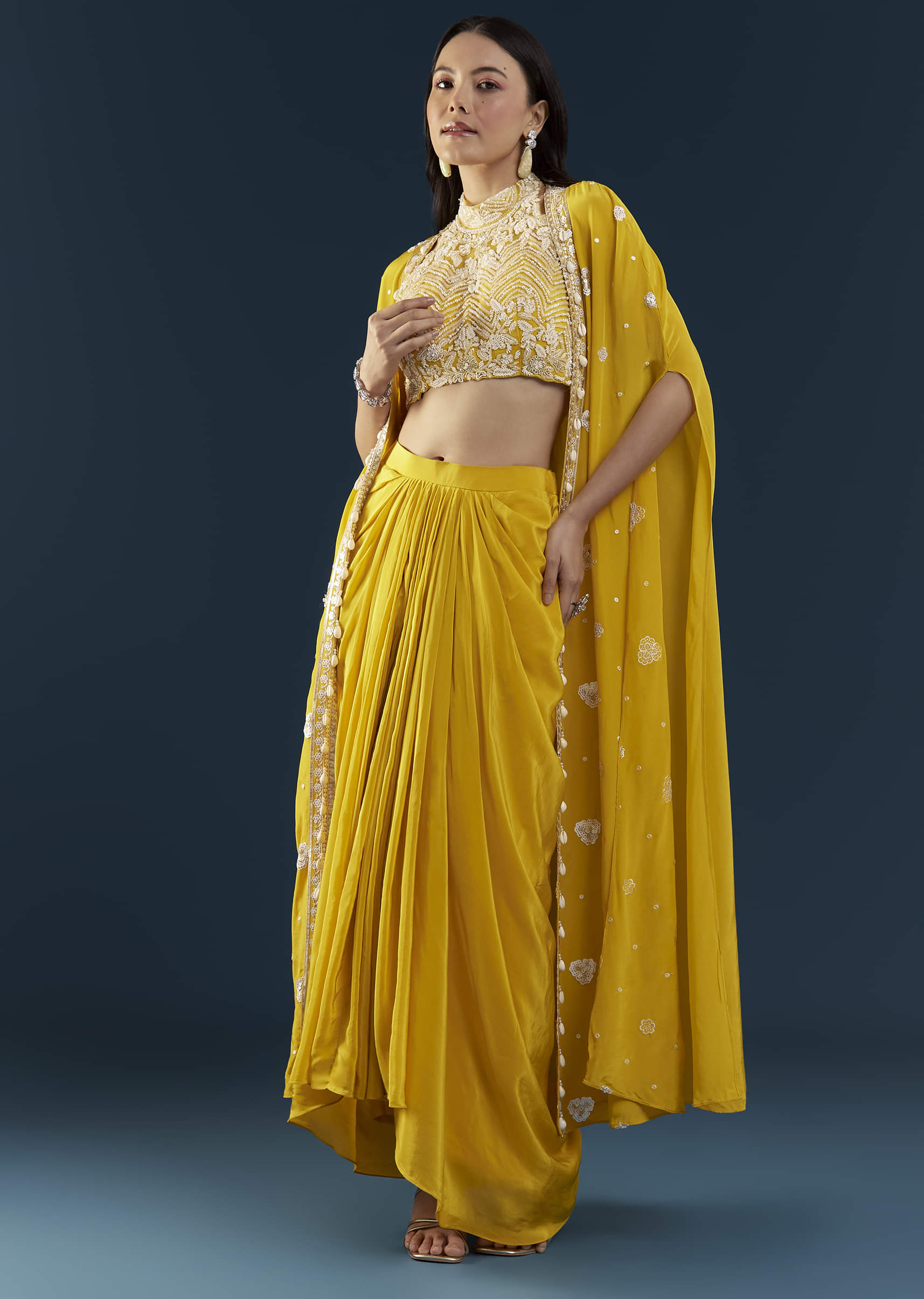 Yellow Fusion Crop Top Skirt Set with Cape