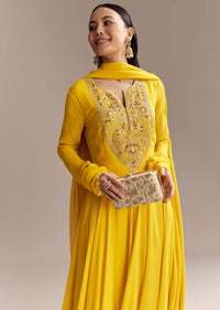 Yellow Georgette Anarkali Suit With Zari And Resham Work