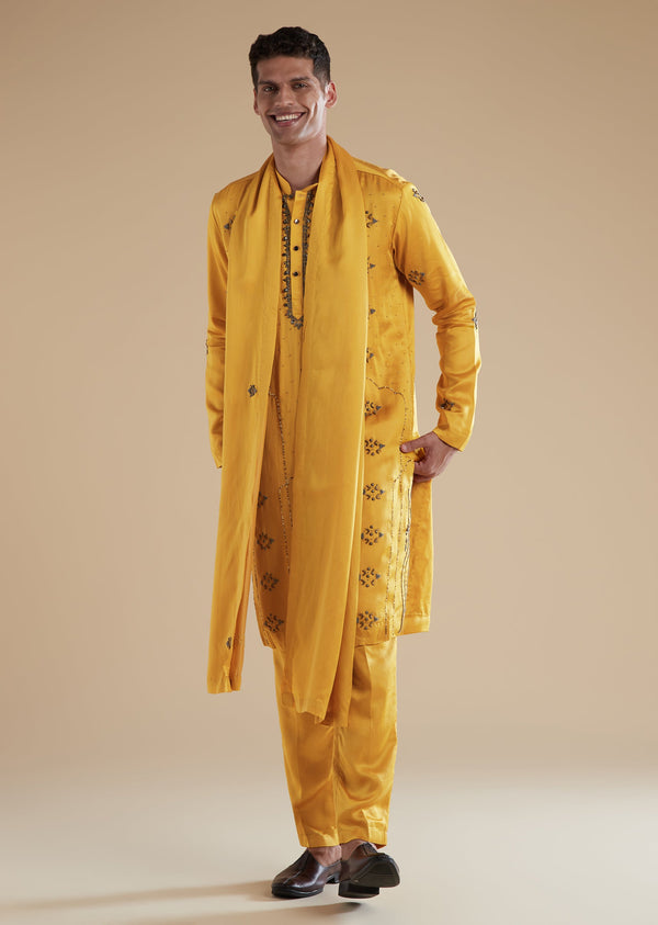 Yellow Linen Satin Mens Kurta Set with Metal Beads Detail Work