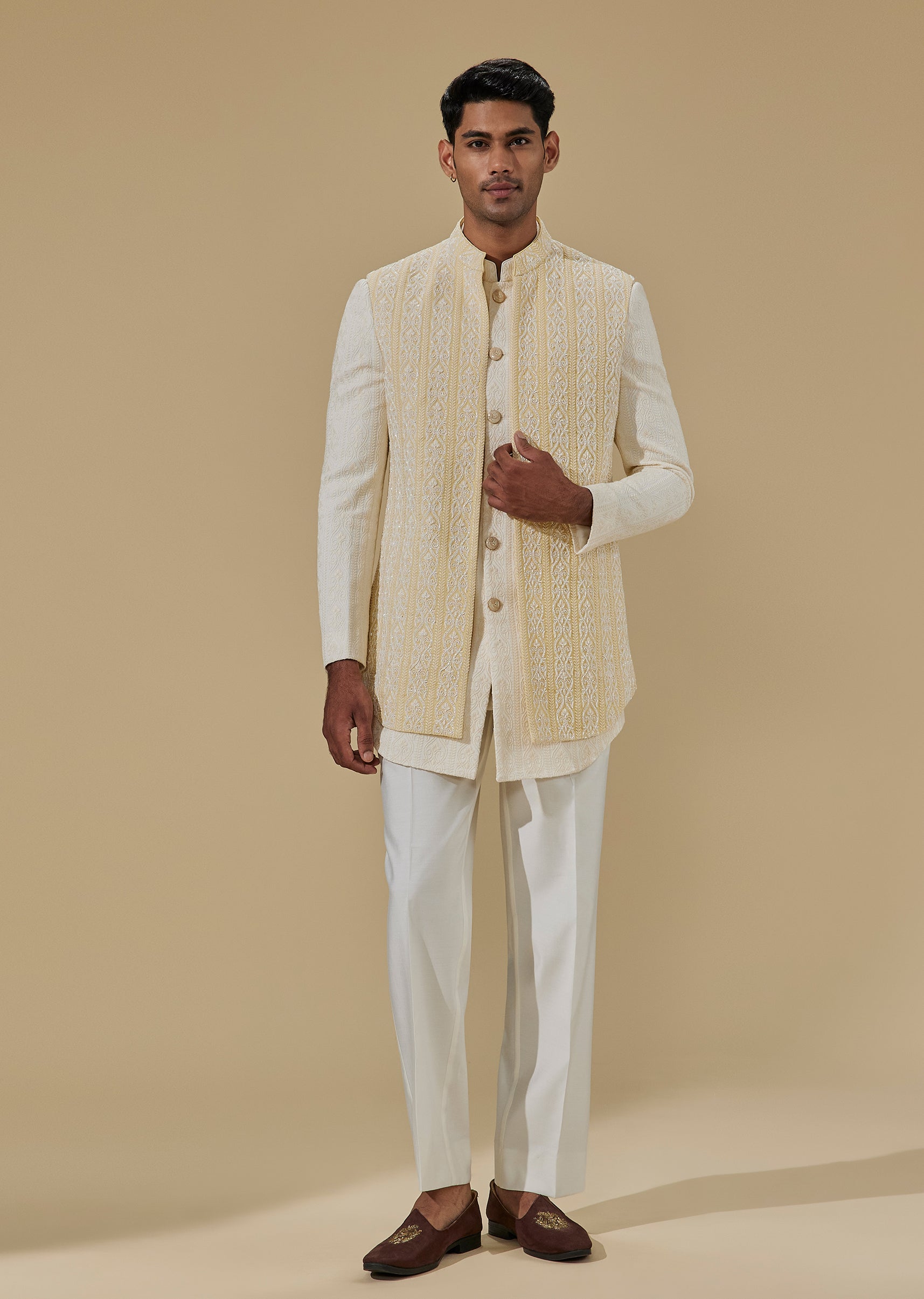 Yellow Lucknowi Indo Western Set With Cut Dana And Bead Work