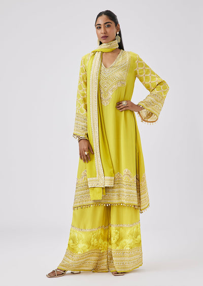 Yellow Mirror And Sequin Palazzo Suit