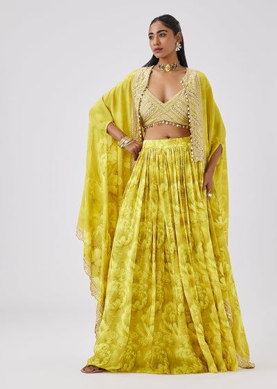 Yellow Mirror Embellished Floral Crop Top And Skirt Set With Cape
