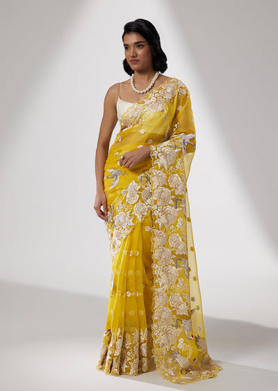 Yellow Organza Saree With Resham Embroidery