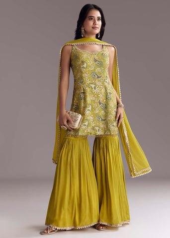 Buy Yellow Paisley Print Sharara Set With Zari Embroidery