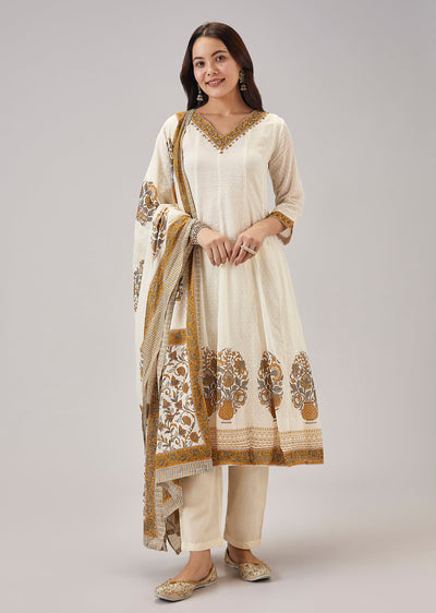 Yellow Printed Anarkali With Cut Dana Work