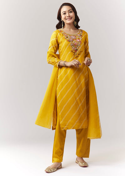 Yellow Printed Kurta Pant Set With Embroidered Yoke And Dupatta