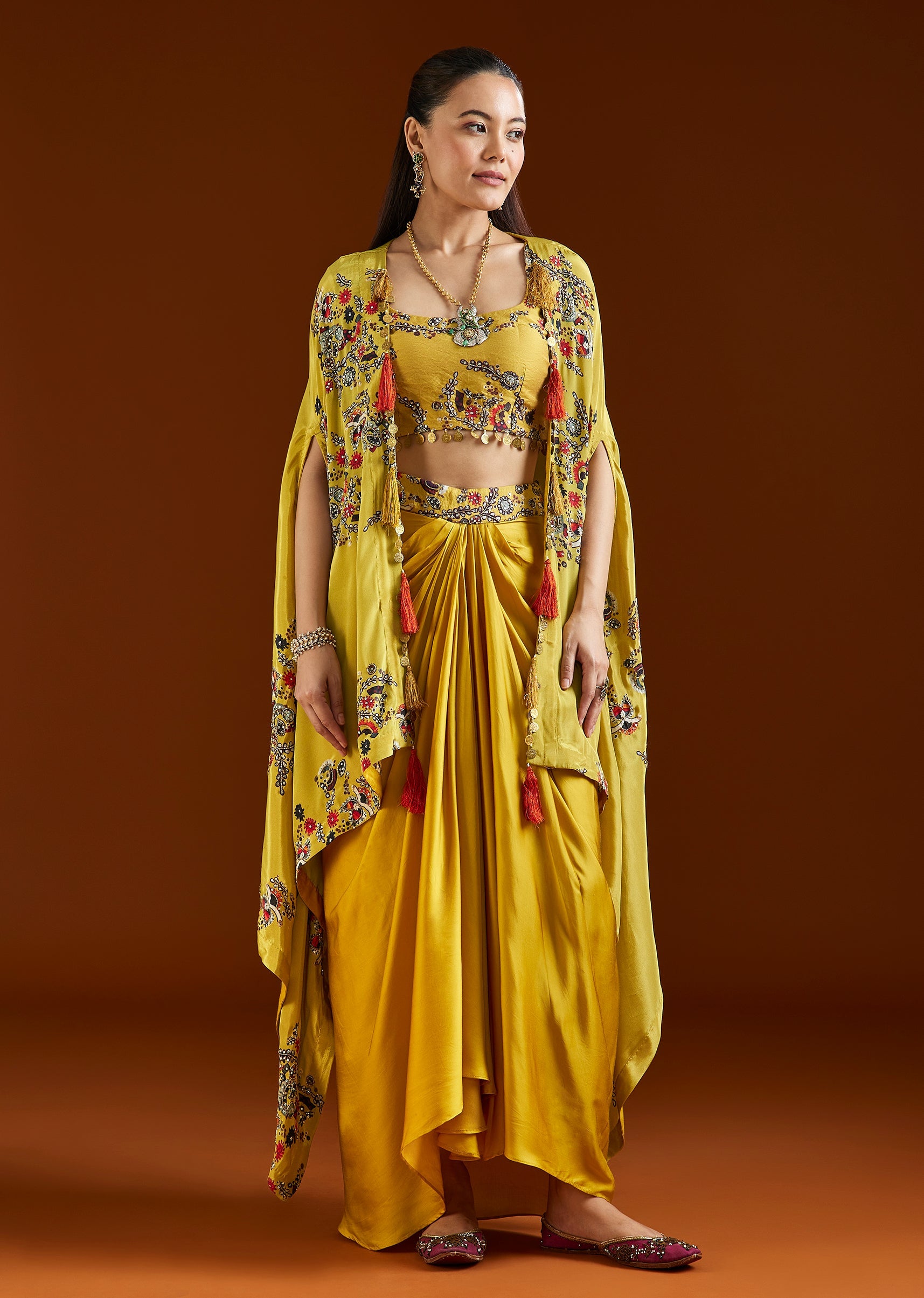 Yellow Printed Crepe Cape Drape Skirt Set