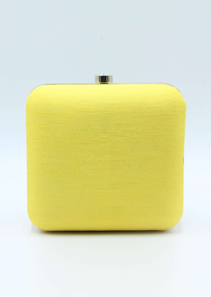 Yellow raw silk hand embroidered clutch