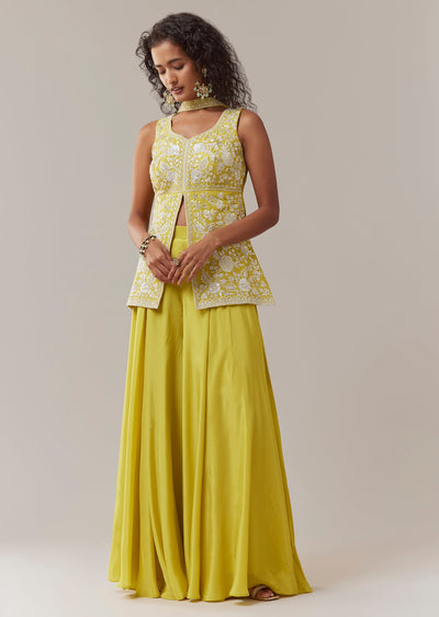 Yellow Resham Embroidered Kurta Palazzo Set