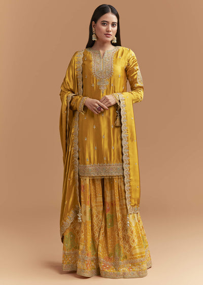 Yellow Satin Palazzo Suit With Gota And Cutdana Work