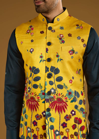 yellow-silk-floral-kurta-jacket-set-for-men-with-thread-work-sg335284-2