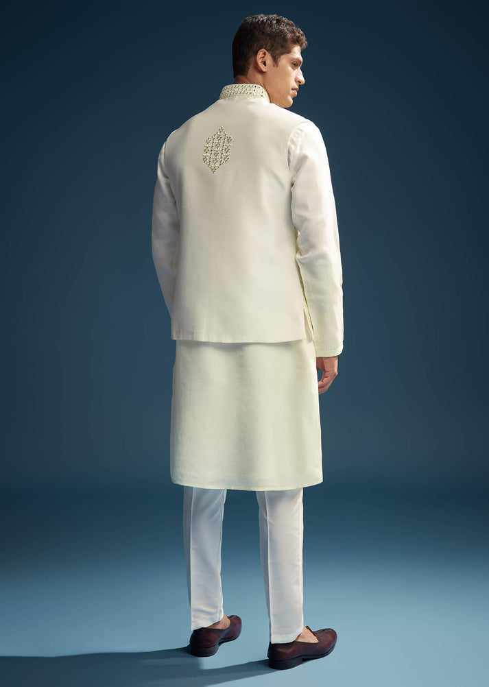 Black Silk Kurta Jacket Set For Men With Heavy Embroidery main image 0