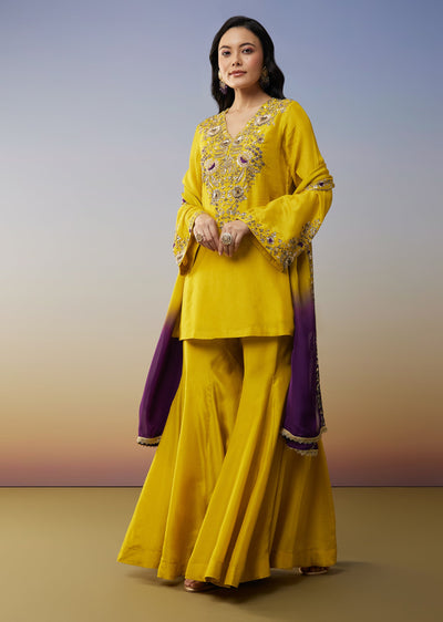 Yellow Silk Palazzo Suits with Zardosi Sequins Work