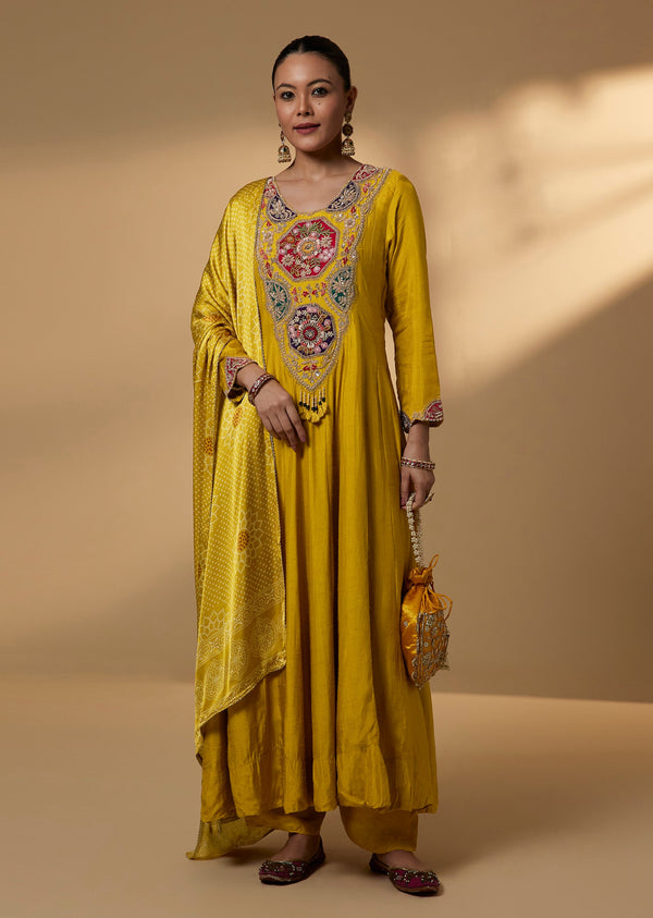 Yellow Silk Zardosi Anarkali Set With Bandhani Inspired Dupatta