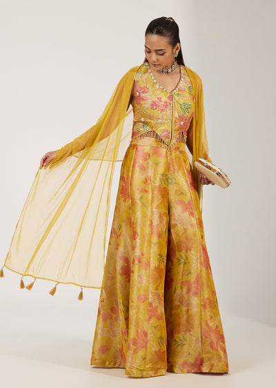 Yellow Tissue Floral Crop Top And Palazzo Set With Sequin Work