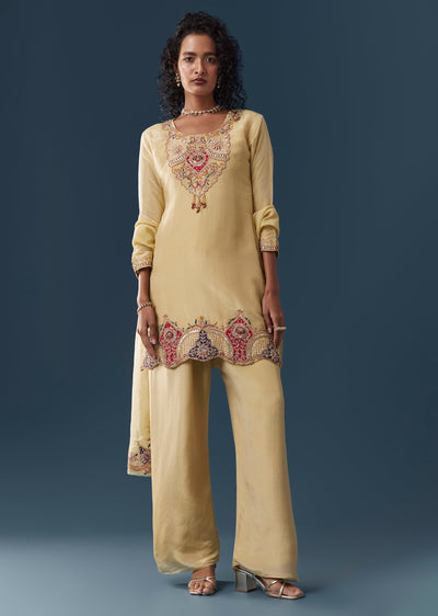 Yellow Tissue Kurta Pant Set With Dupatta