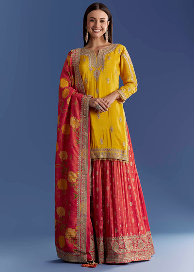 Yellow Tissue Kurta Set With Zari Palazzo And Floral Dupatta