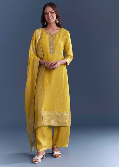Yellow Tissue Palazzo Suit With Zardosi Embroidery
