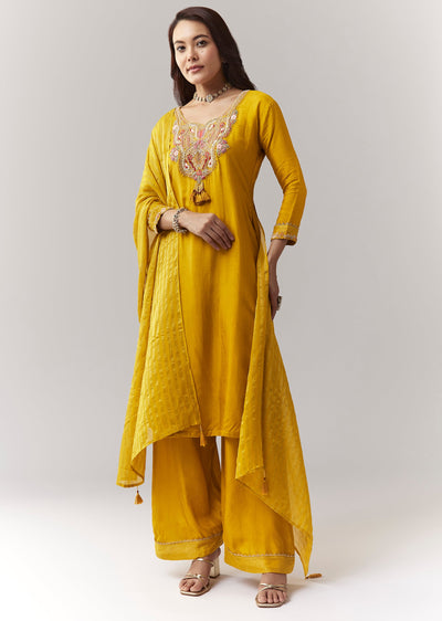 Yellow Zardosi Threadwork Kurta Palazzo Set With Dupatta