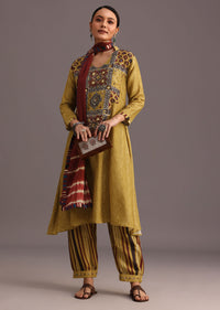 Mehendi Green Ajrakh Printed Kurta Set With Leheriya Dupatta