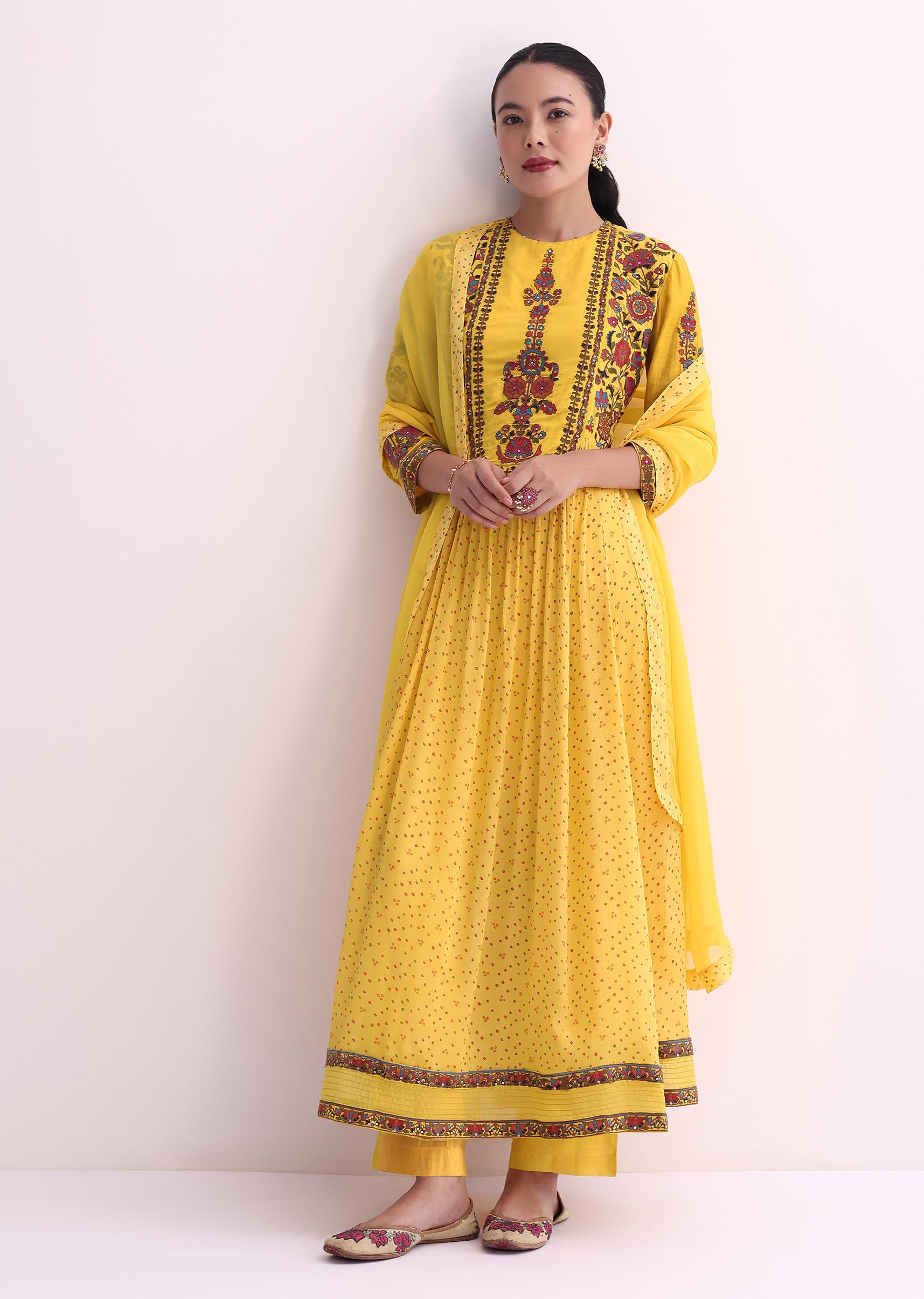 yellow chiffon kurti pant set with dupatta and resham-sg221497 10