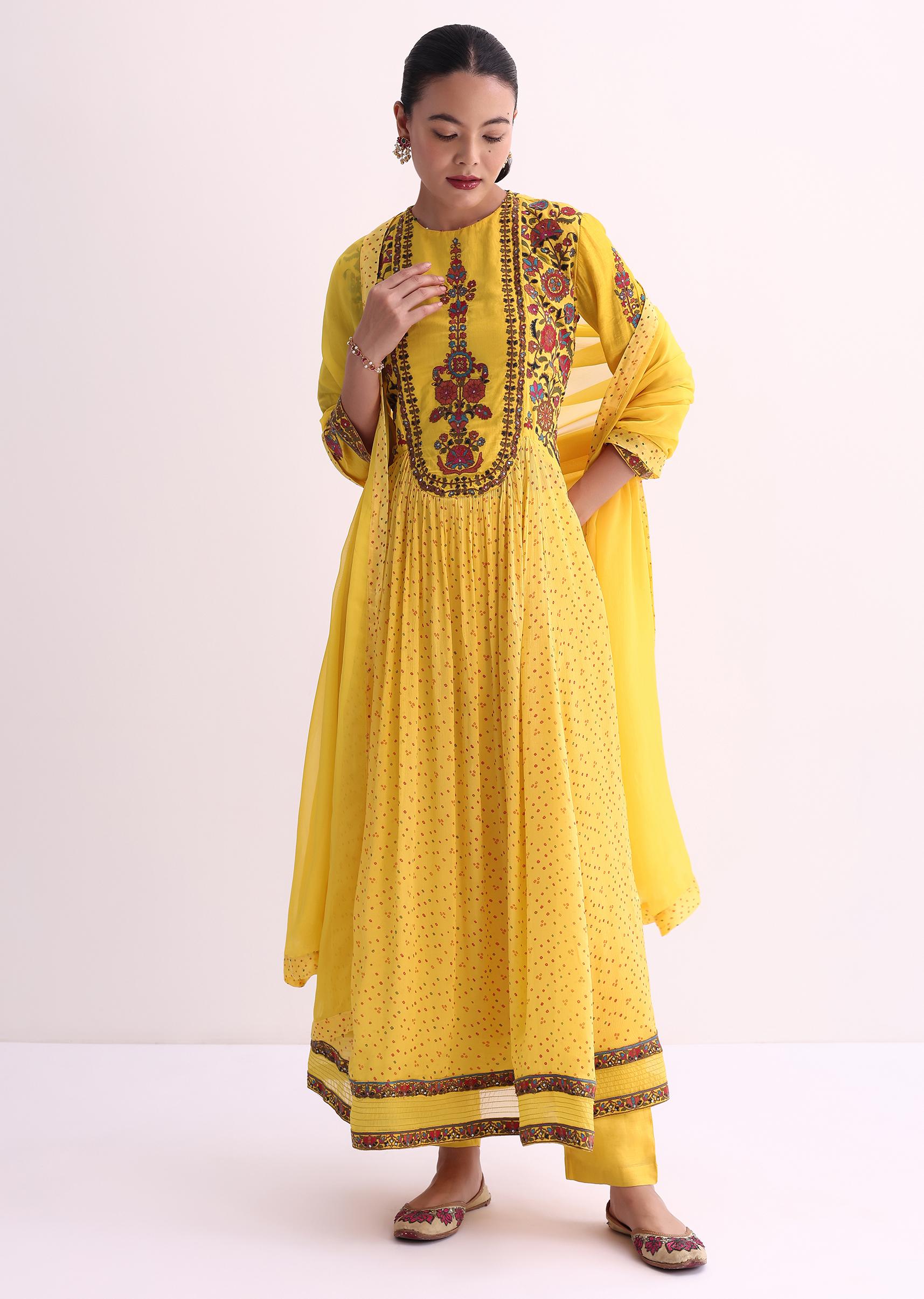 yellow chiffon kurti pant set with dupatta and resham-sg221497 15