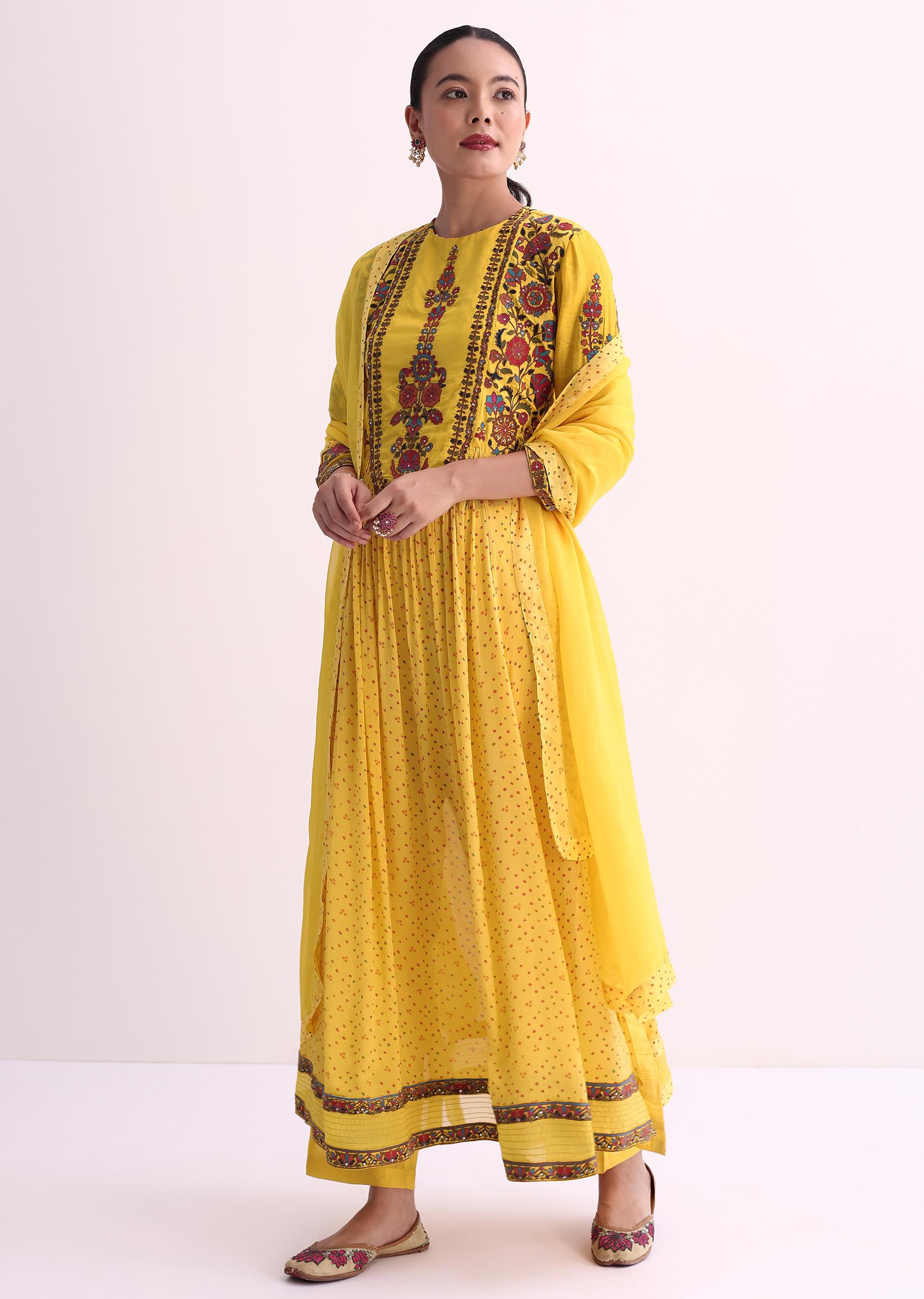 yellow chiffon kurti pant set with dupatta and resham-sg221497 16