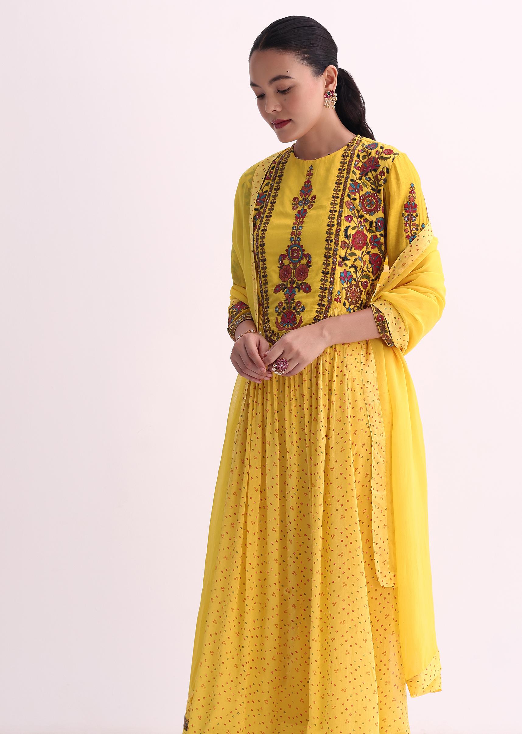 yellow chiffon kurti pant set with dupatta and resham-sg221497 17