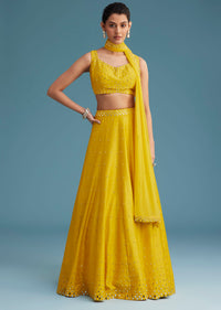 Yellow Nysa Silk Lehenga Set With Mirror Work