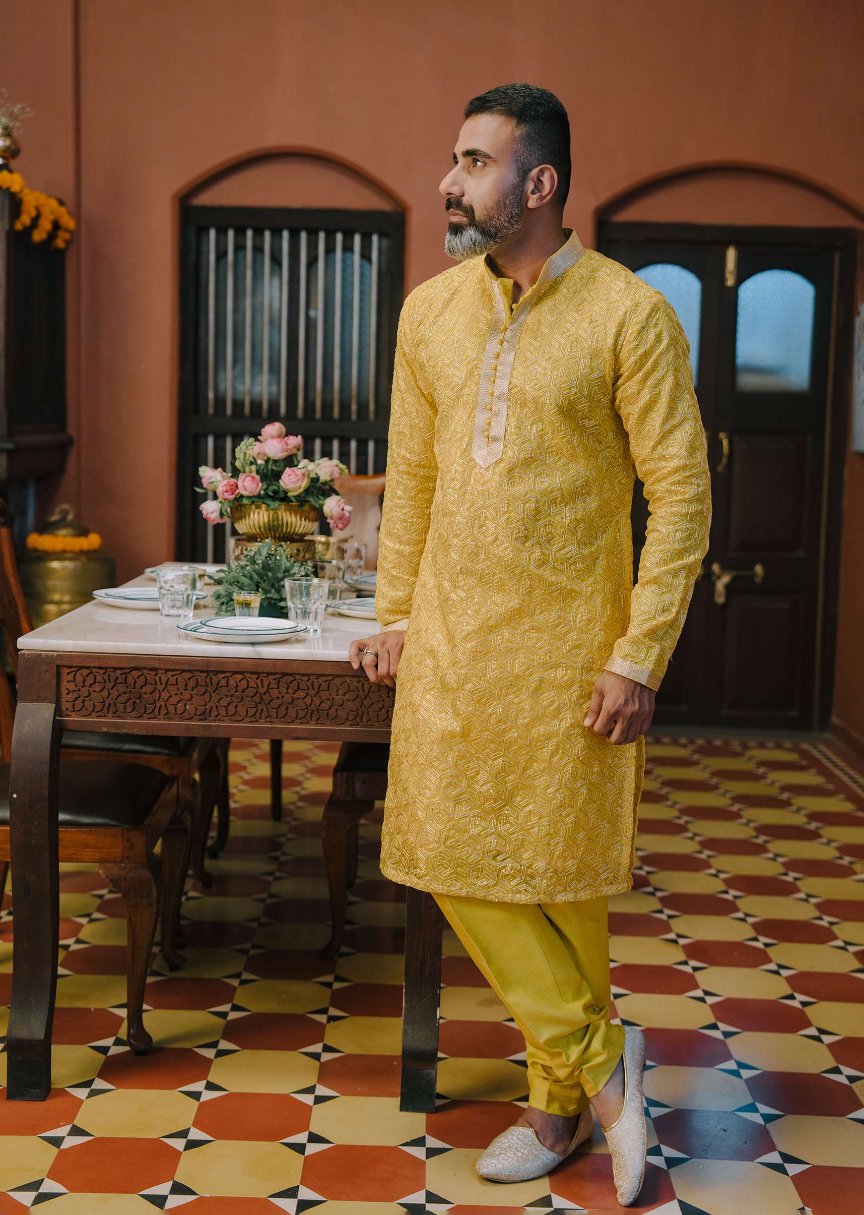 yellow organza embroidered kurta and dola silk pant set-sg172972