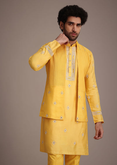 yellow silk mirror embroidered kurta jacket set-sg233764 5